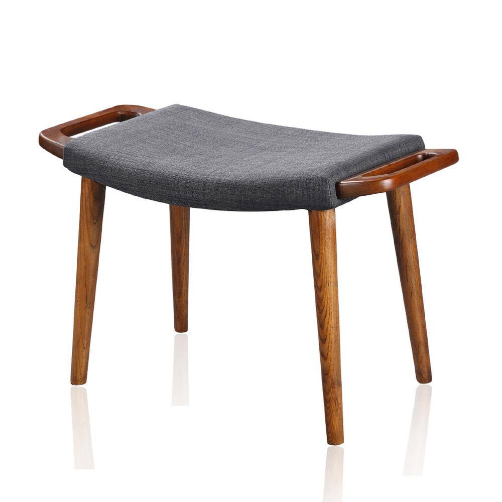Mid-Century Charcoal and Walnut Cushioned Ottoman