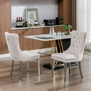 Sumptuous Beige Velvet Dining Chairs Set of 2, Tufted Upholstered Dining Chair with Nailhead Trim, Chrome Metal Legs