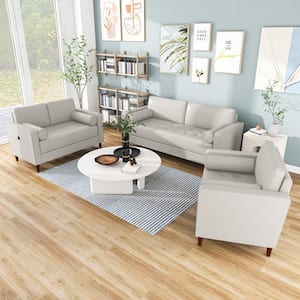 Grandover 3-Piece Off-White Faux Leather Sofa Set with Tufted Seating
