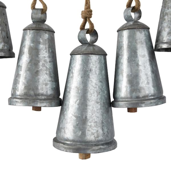 Litton Lane Silver Metal Tibetan Inspired Narrow Cone Decorative Cow Bell  with Jute Hanging Rope and Rod 042701 - The Home Depot