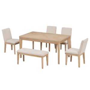 Natural 6-Piece Wood Table Outdoor Dining Set with Beige Cushion Upholstered Tapered Legs Chairs and Bench