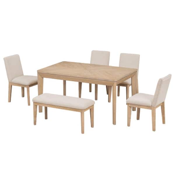 Unbranded Natural 6-Piece Wood Table Outdoor Dining Set with Beige Cushion Upholstered Tapered Legs Chairs and Bench