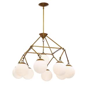 Orion 9-Light Patina Aged Brass Finish with White Frost Glass Chandelier for Kitchen/Dining/Foyer, No Bulbs Included
