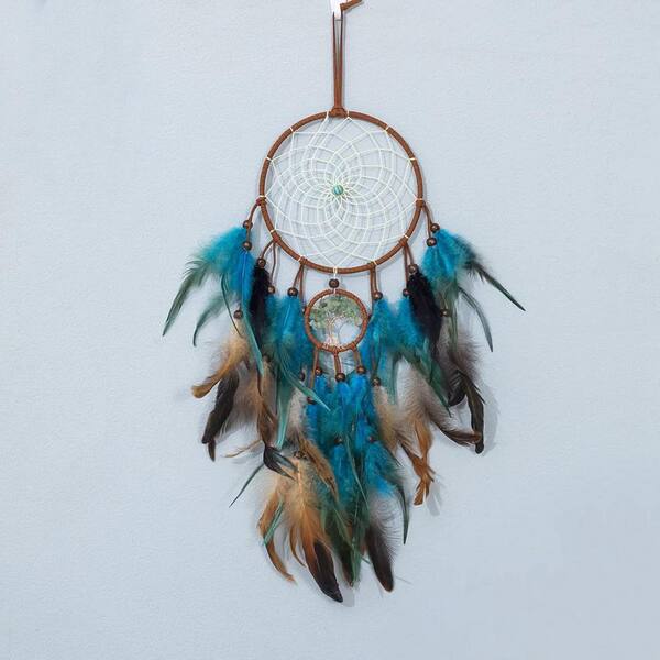 Blue 12 in. x 21.7 in. Handmade Dream Catcher with Feathers