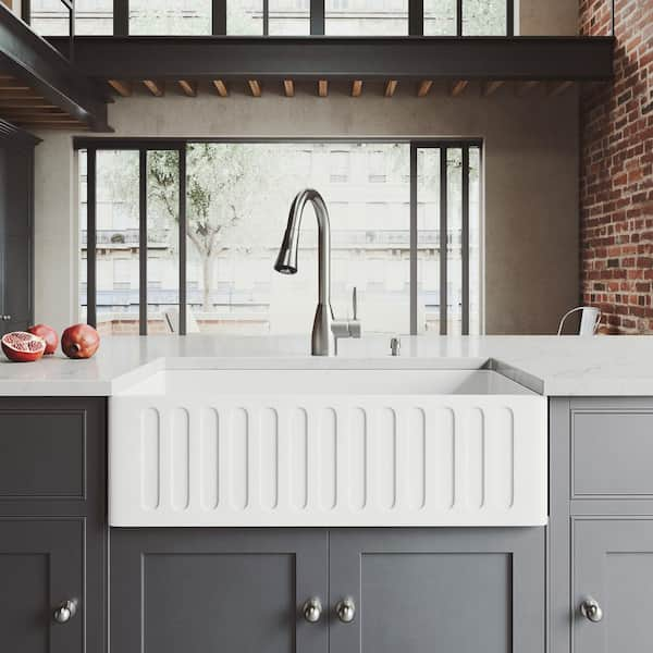 Vigo Matte Stone White Composite 33 In Single Bowl Farmhouse Kitchen Sink With Faucet In Stainless Steel And Accessories Vg15458 The Home Depot