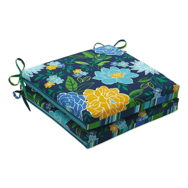 Pillow Perfect Striped 20 in. x 20 in. Outdoor Dining Chair Cushion in Blue/Yellow/White (Set of 2)