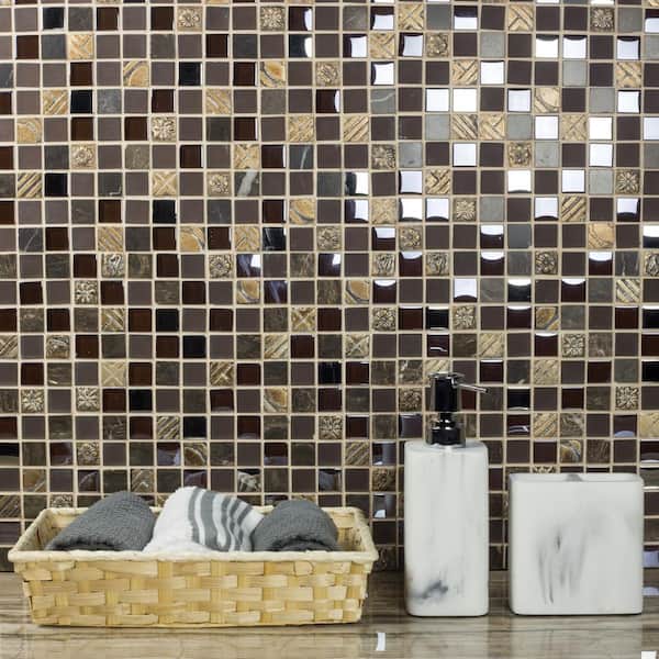Vintage Design Antigua Brown Deco Mosaic 3 in. x 3 in. Glass and and Stone Mesh Mounted Wall Tile Sample