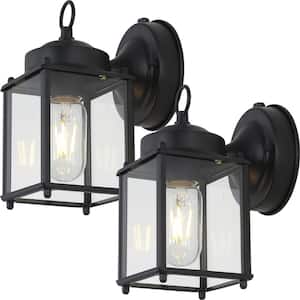 Boston 4.25 in. 1-Light Black/Clear Farmhouse Industrial Lantern Iron/Glass Outdoor LED Sconce (Set of 2)