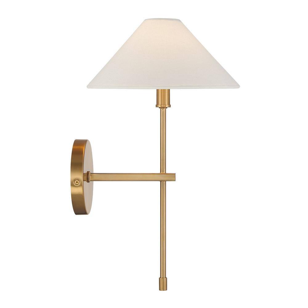 Warm Brass Dimmable Sconce with White Linen Shade