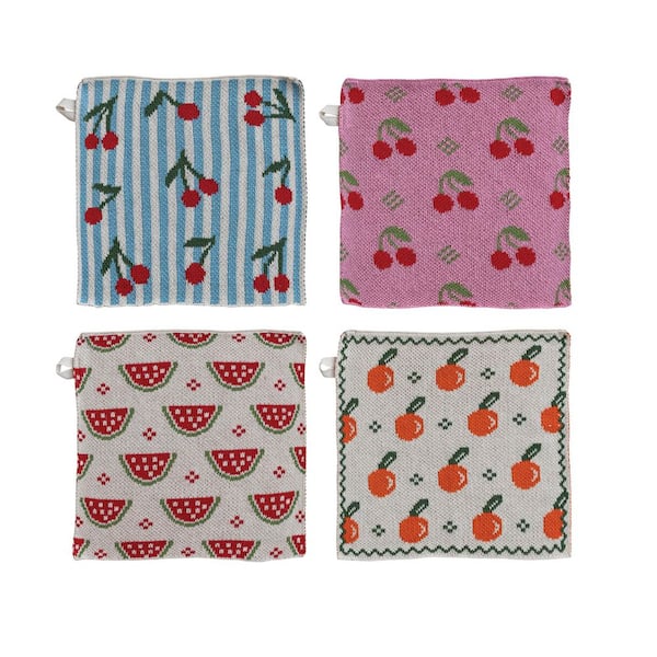 Multicolor Fruit Pattern Cotton Knit Dish Cloth (Set of 4)