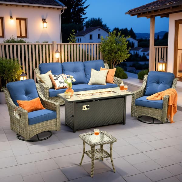 HOOOWOOO Cherry 5-Piece Wicker Outdoor Fire Pit Furniture Patio Conversation Sofa Set with Swivel Chairs and Navy Blue Cushions