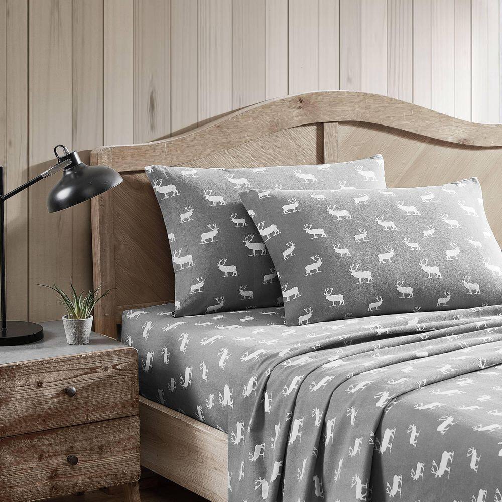 Gray Elk Grove Cotton Flannel Full Sheet Set with Deer Pattern