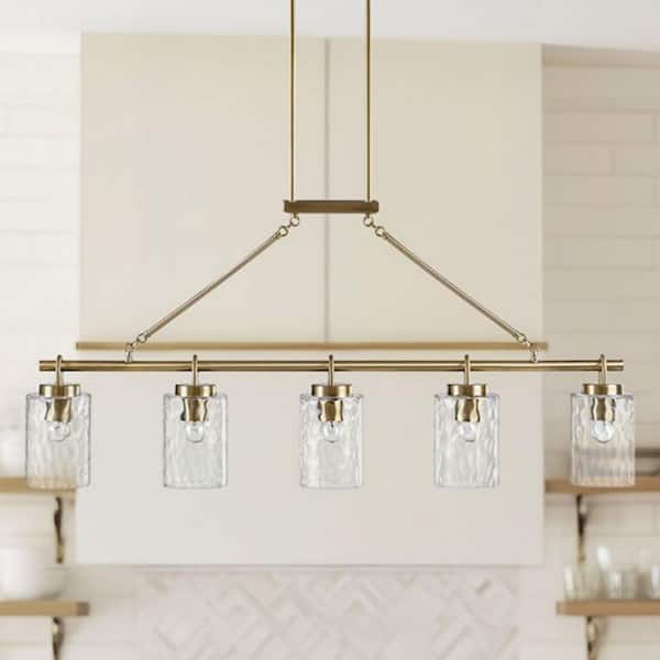 Transitional 5-Light Antique Brass Chandelier with Textured Glass Cylindrical Shades Linear Design for Entryway