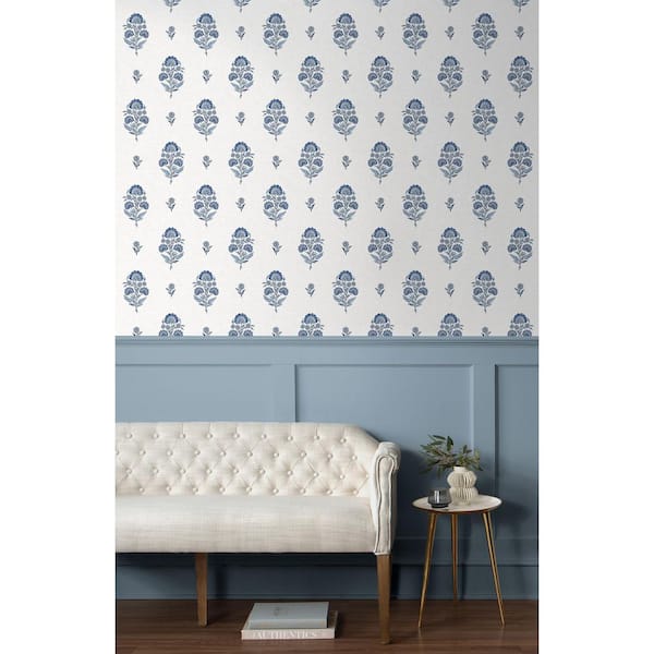 30.75 sq. ft. Delft Blue Floral Spot Premium Matte Non-Woven Paper Peel and Stick Wallpaper Roll