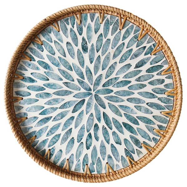 Woven Blue Round Rattan Tray with Wooden Base 11.8 in. Tray