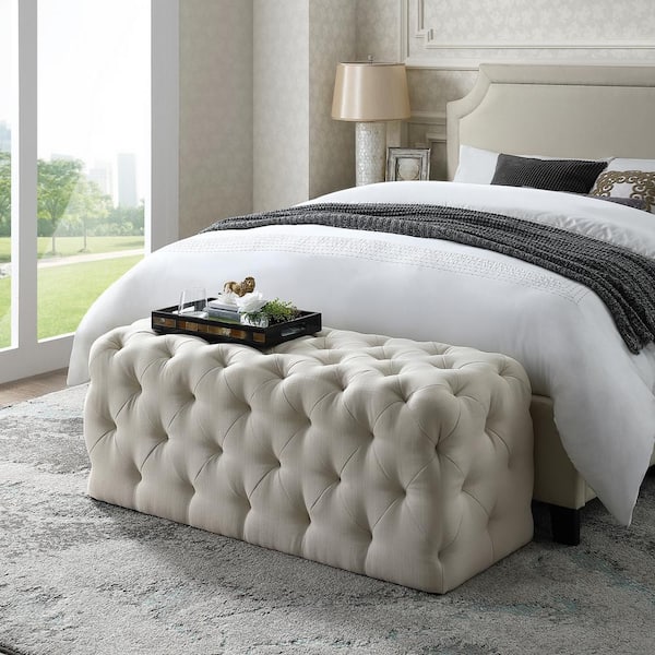 Inspired Home Norman Cream White Linen Tufted Allover Upholstered Bench