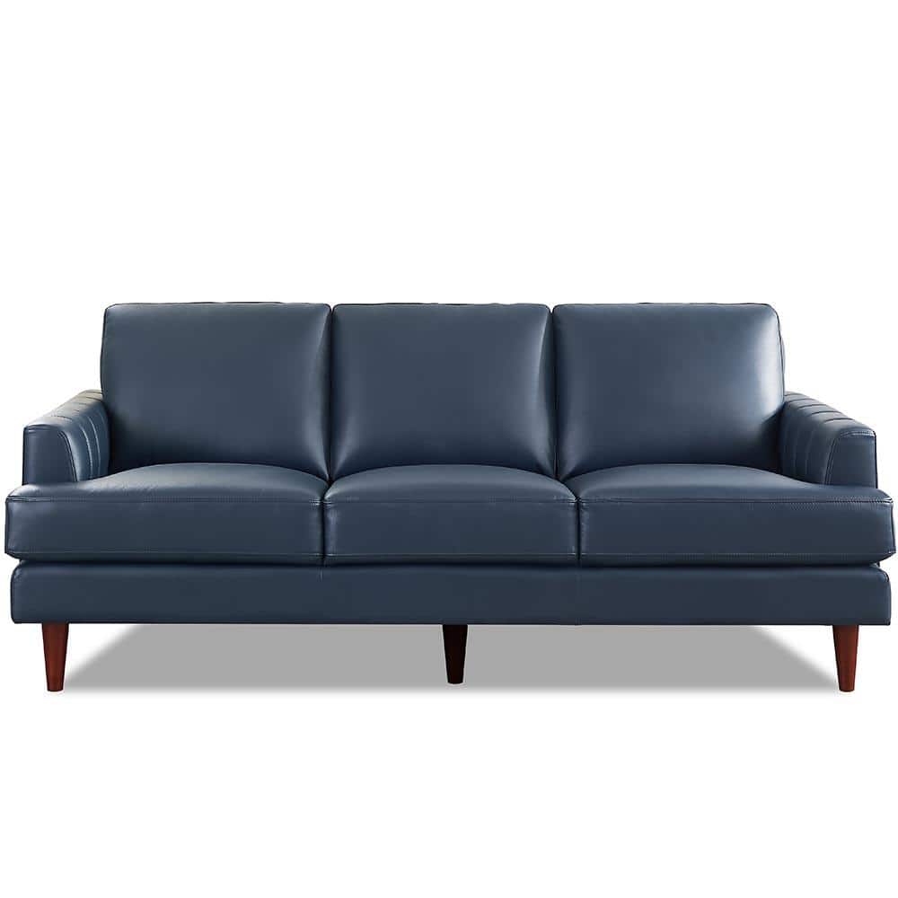 Cassia 80 in. Square Arms Top Grain Leather Rectangle 3-Seater Sofa in. Nav