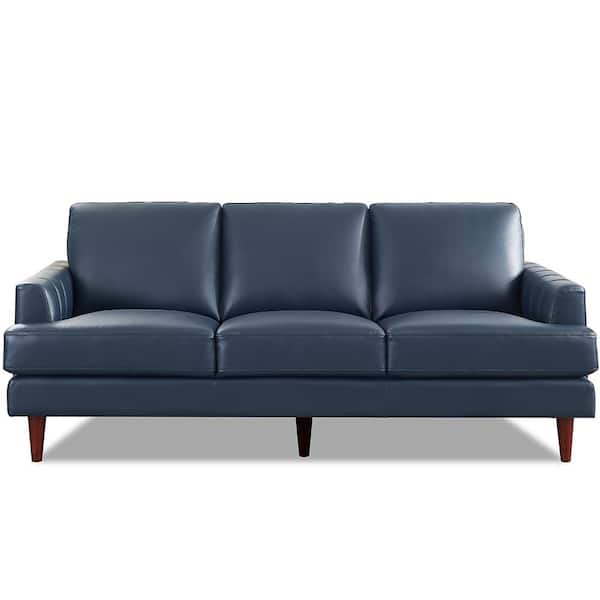 Unbranded Cassia 80 in. Square Arms Top Grain Leather Rectangle 3-Seater Sofa in. Navy Blue