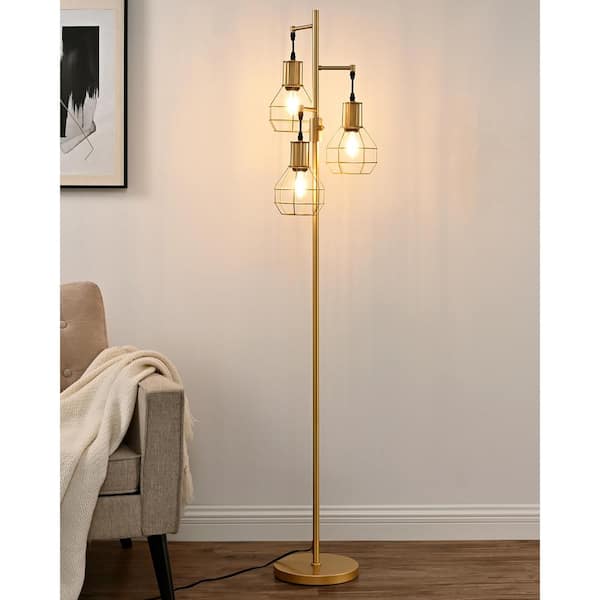 65 in. Oil-Rubbed Gold Metal 3-Light Smart Dimmable Lantern Floor Lamp for Living Room with Black Metal Shade