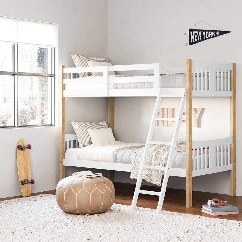 White and Natural Twin Bunk Bed with Wood Frame and Drawer