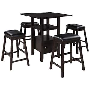 Brown 5-Piece Wood Outdoor Dining Set with Black Cushions