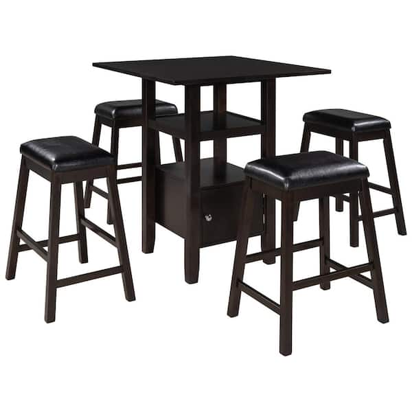 Unbranded Brown 5-Piece Wood Outdoor Dining Set with Black Cushions