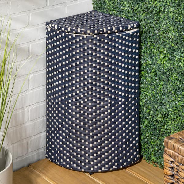 Chloe 15.56 Gal. All-Weather Wicker/Metal Corner Lid Hideaway Outdoor Trash Can, Navy/White