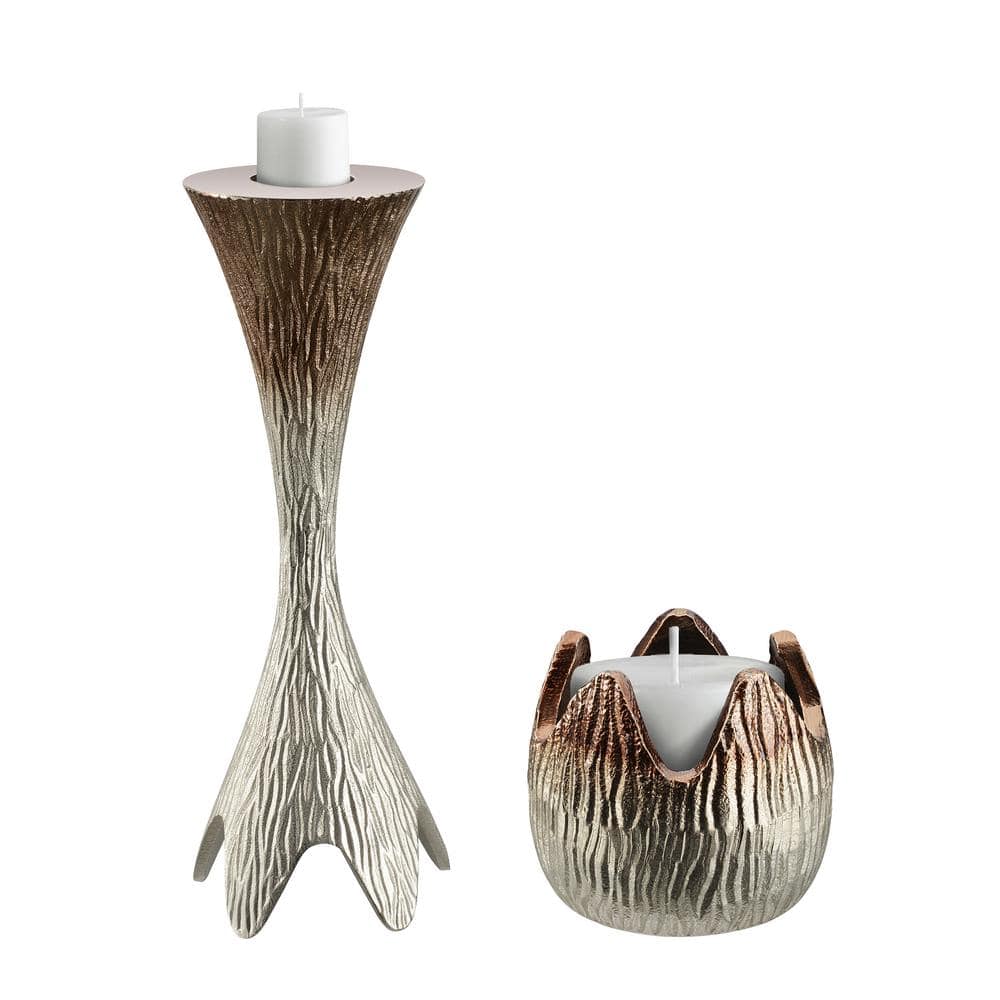 Tall Silver and Bronze Aluminum Tabletop Candlestick