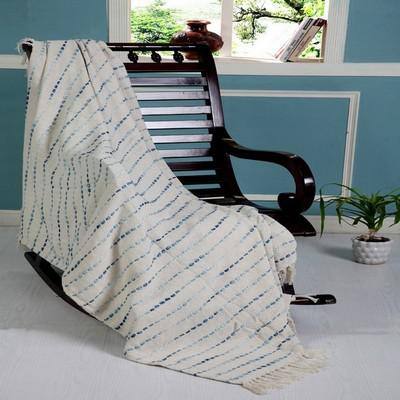 Cream and Blue Cotton Reversible Throw Blanket, 50" x 60"