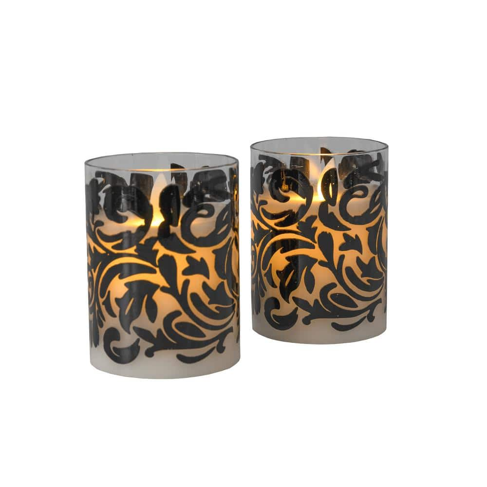 LUMABASE Black Baroque Swirl Battery Operated LED Glass Candles with Moving Flame (Set of 2)