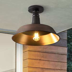 Camila 14 in. 1-Light Classic Industrial Indoor/Outdoor Iron LED Semi Flush Mount, Oil Rubbed Bronze/Copper