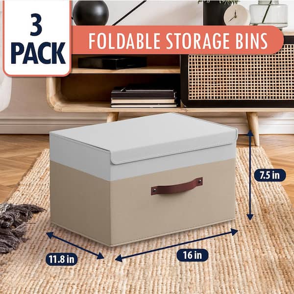 Ornavo Home Foldable Linen XLarge Storage Bin with Leather Handles and Lid - Set of 3 - White, Khaki