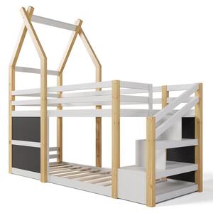 White and Natural Twin over Twin Wood House Bunk Bed with Storage Staircase and 2 Blackboards