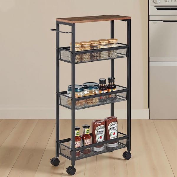 Slim Rolling Cart Brown 33.86 in. Accent Cabine-4-Tier Metal Storage Organizer, for Kitchen, Bathroom, Laundry