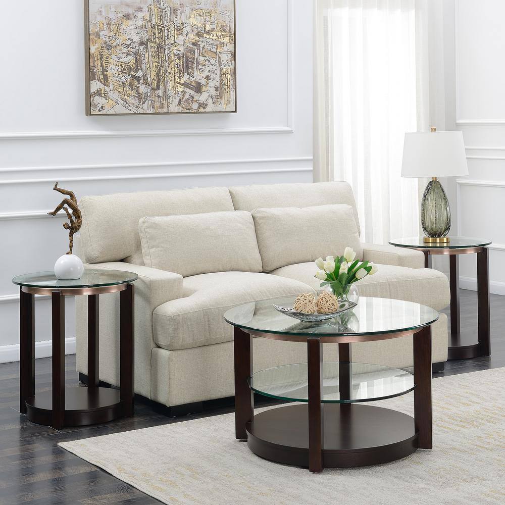 Contemporary Espresso Round End Table with Glass Top