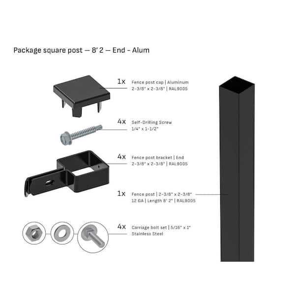 Square 2-3/8 in. x 2-3/8 in. x 8'2 ft. Aluminum Cap End Fence Black Steel Post (1-Pack)