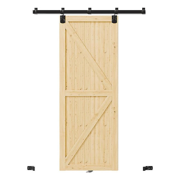 30 in. x 80 in. K-Shaped, Solid Pine Wood, Light Brown Primed Exterior Sliding Barn Door with Hardware Kit