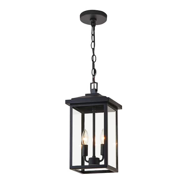 16.25 in. 2-Light Black Outdoor Lantern Pendant Light with Glass Shade