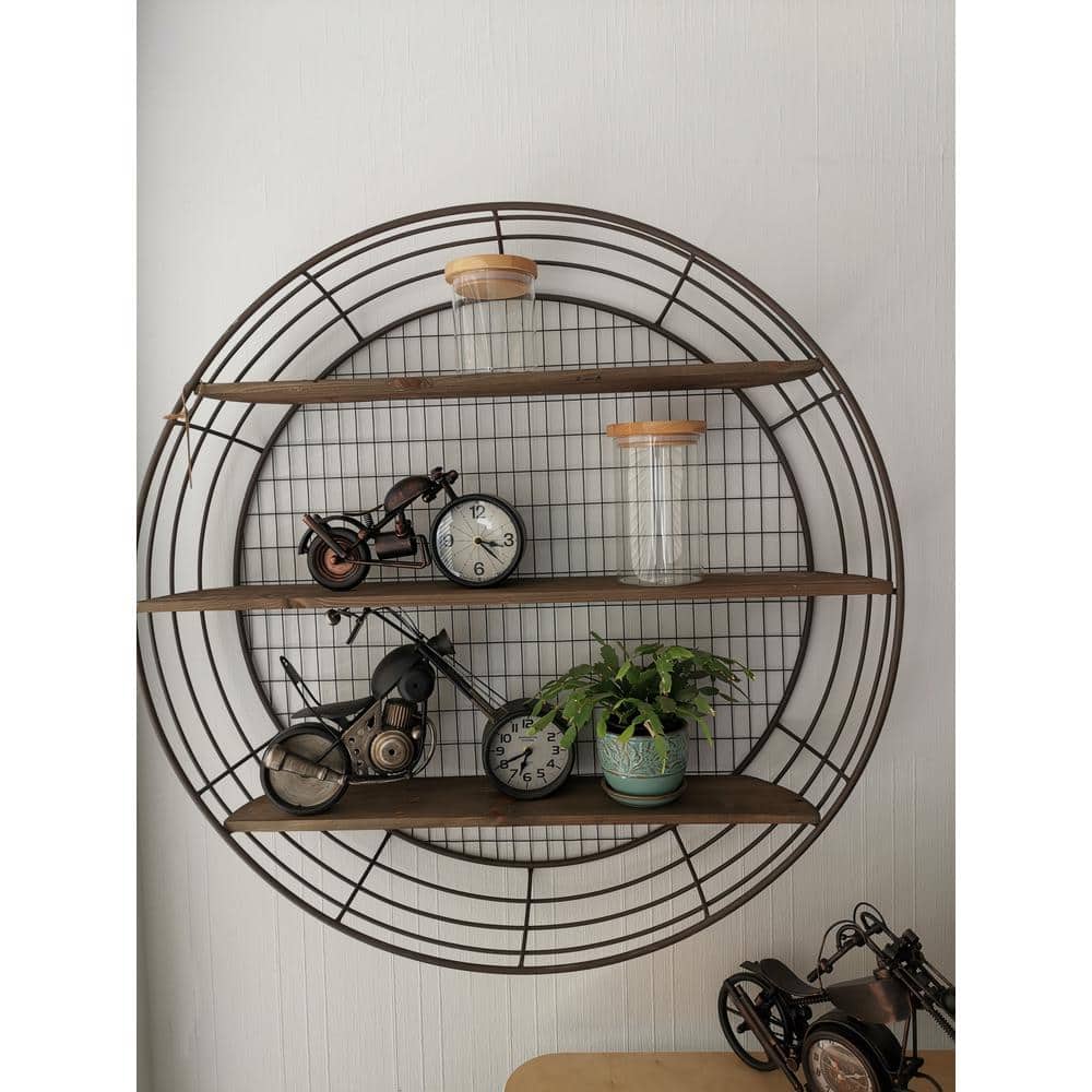 Rustic Elegance 39" Round Iron and Wood 3-Tier Floating Wall Shelf