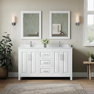 Daria 60''W x 22''D Double Vanity in White w/ Cultured Marble Vanity Top in LightVein Carrara w/ Basins & Mirrors