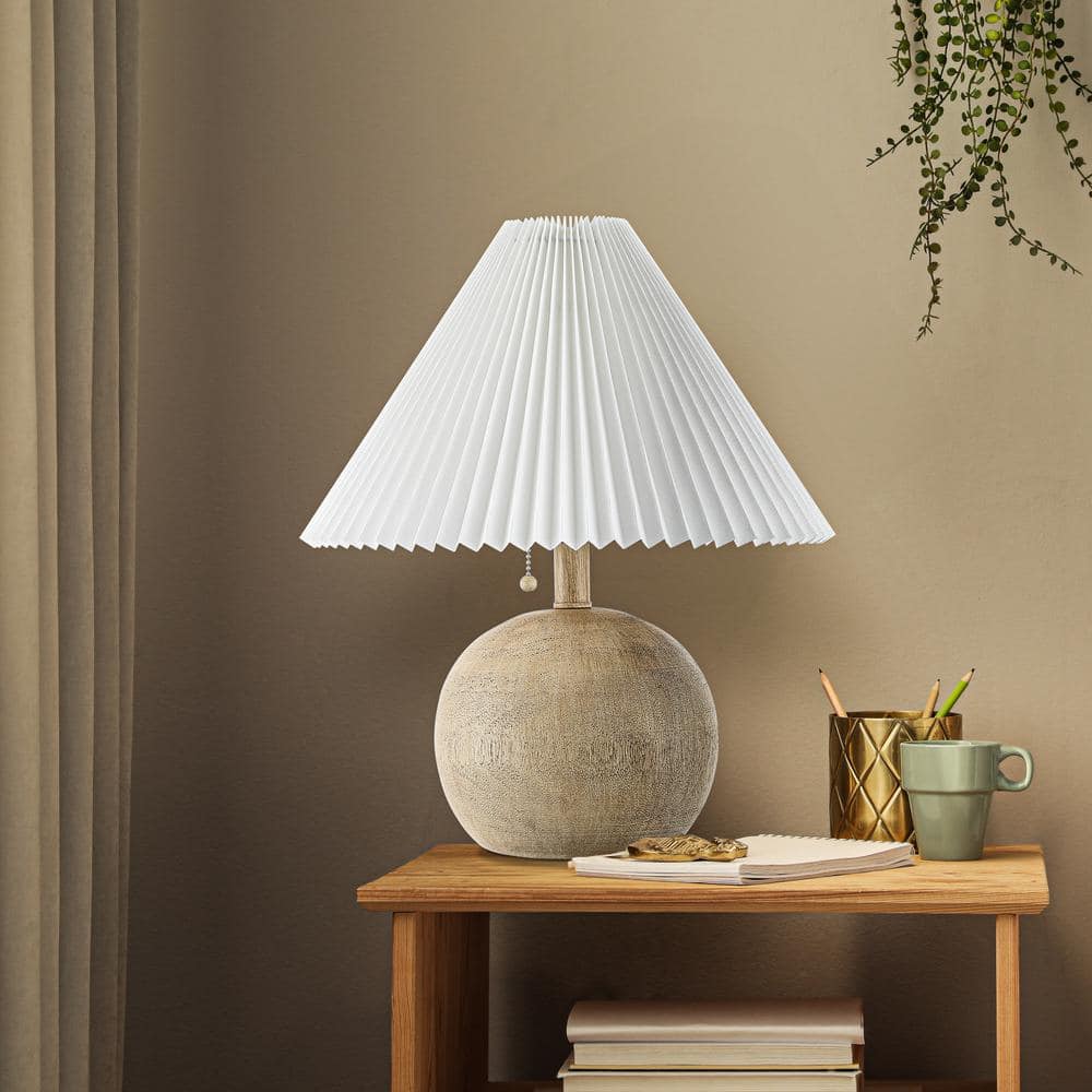 Beige Wood Finish Round Resin Bedside Table Lamp with Linen Shade