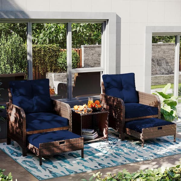 5-Piece Wicker Patio Conversation Set, Outdoor Chairs with Navy Blue Cushions, Coffee Table and Ottomans