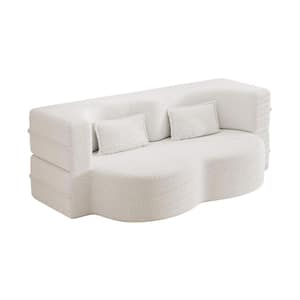 White Fabric Foam-Filled Metal Outdoor Loveseat with White Cushions, 2 Pillows for Living Room, Guest Bed, Playroom
