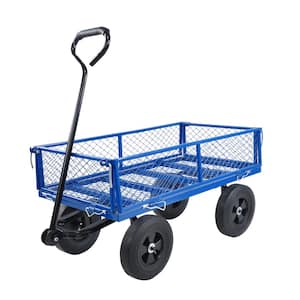 Metal Wagon Cart with 10" Pneumatic Tire and Handle, Utility Dump Outdoor Serving Cart for Lawn Garden Farm in Blue