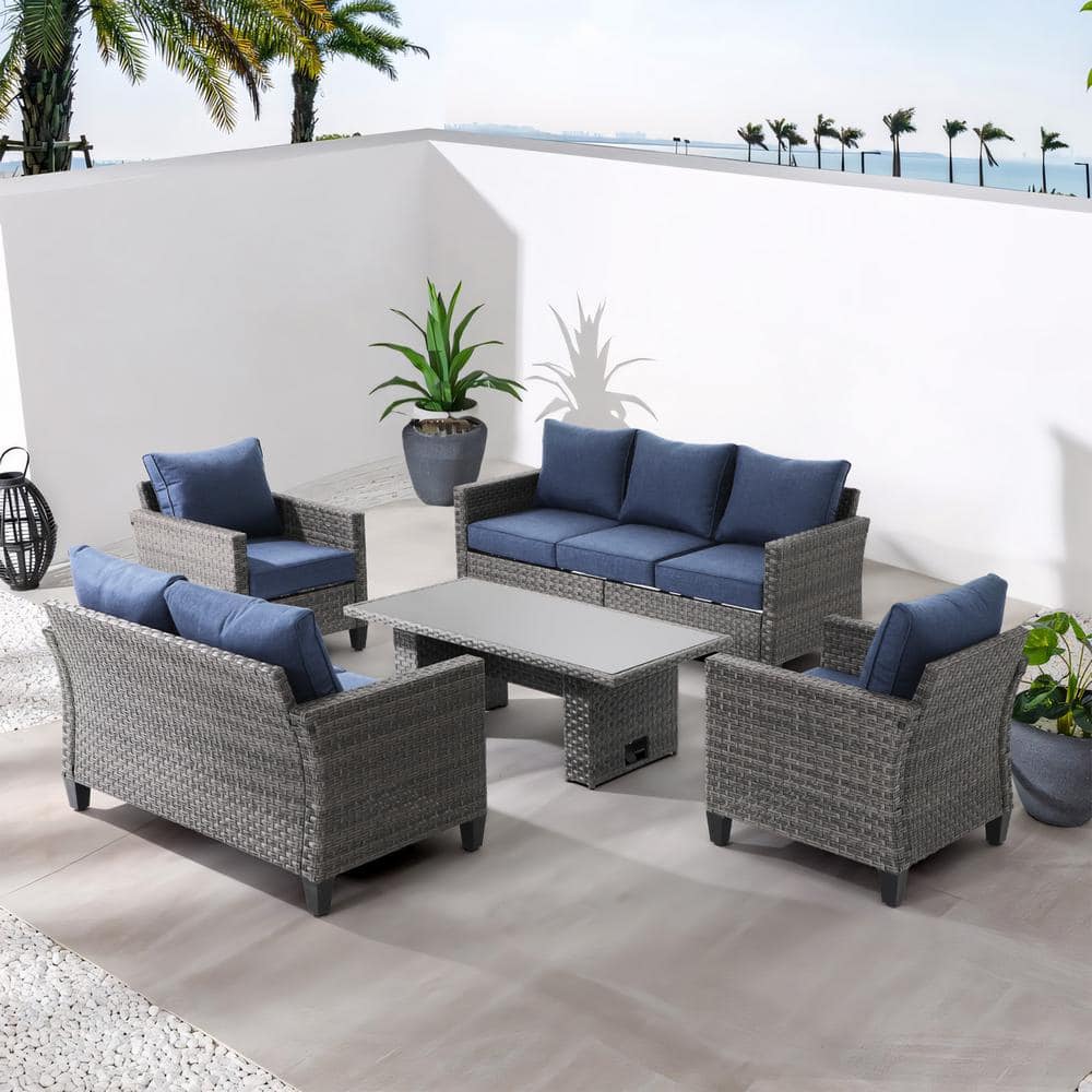 5-Piece Wicker Grey Outdoor Conversation Set with Lift Table, Navy Blue Cus