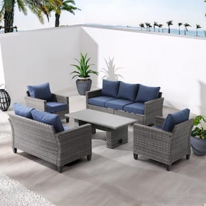 OC Orange-Casual 5-Piece Wicker Outdoor Conversation Set with Navy Blue Cushions