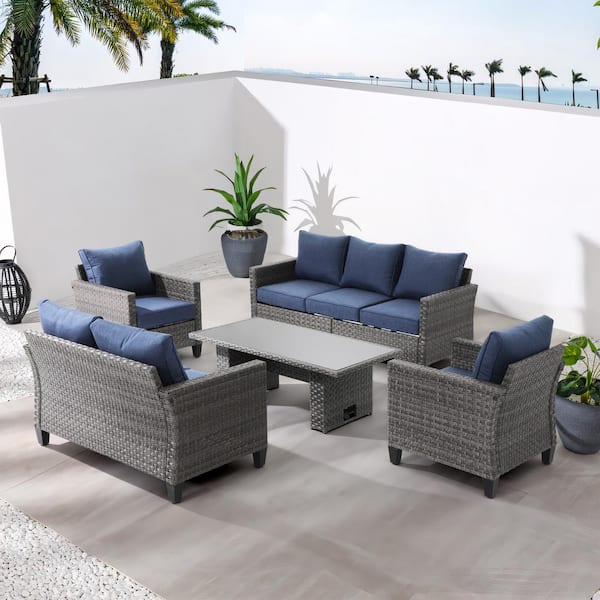 Freestyle OC Orange-Casual 5-Piece Wicker Outdoor Conversation Set with Navy Blue Cushions