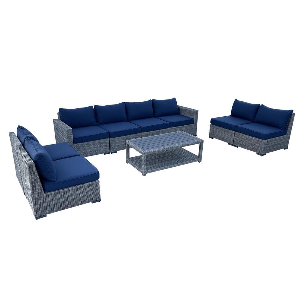 Urban Oasis 9-Piece Wicker Rattan Outdoor Sectional Set with Blue Cushions 