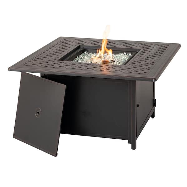 Alfresco 42 in. Topaz Cast Aluminum Heron Square Gas Fire Pit Chat Table with Clear Glass Fire Beads