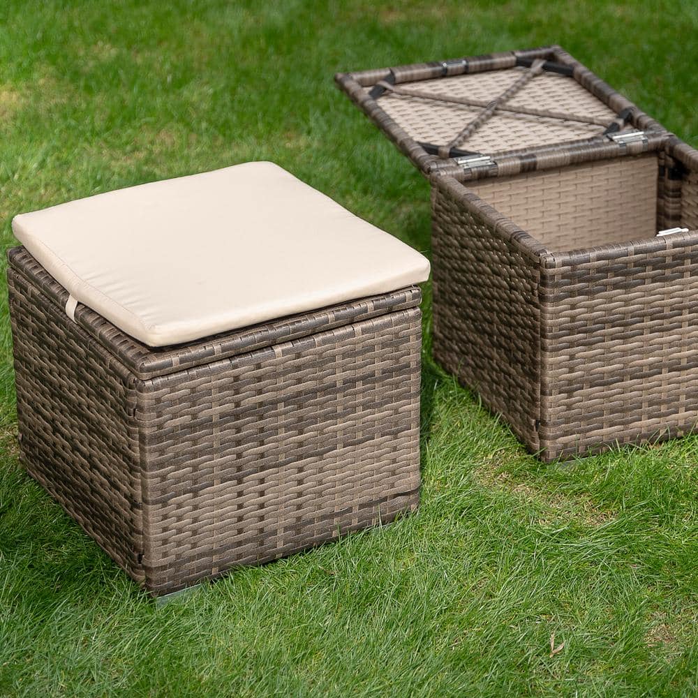 Brown and Beige Wicker Outdoor Storage Ottoman with Cushion